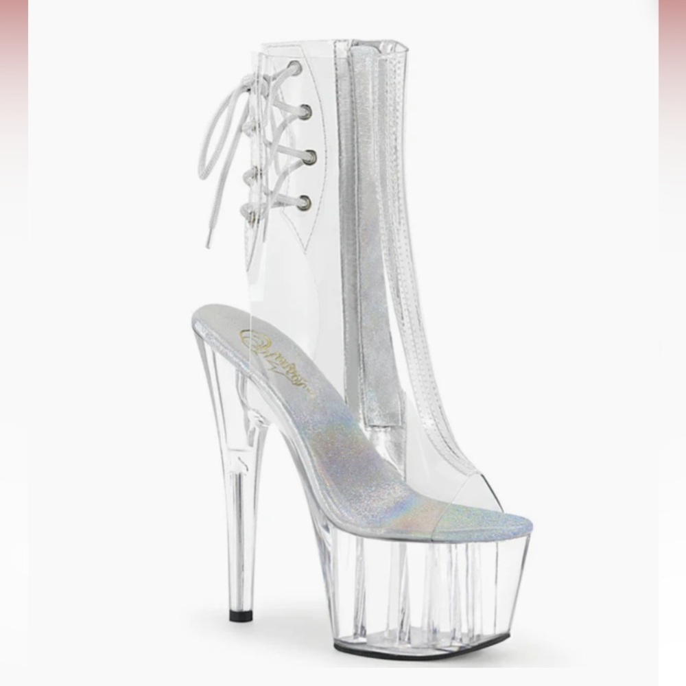 Pleasers 7" Heel Clear Open Toe Lace-Up Ankle Boots size 5